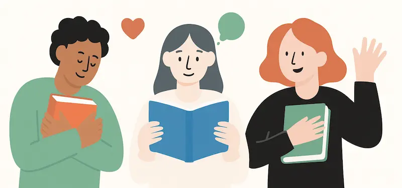 Tres personas leyendo libros con expresiones de alegría e interés